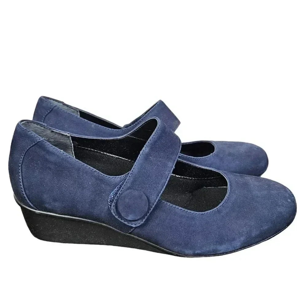 Ros Hommerson Elsa Size 6 Blue  Nubuck  Leather Mary‎ Jane Comfort Wedge